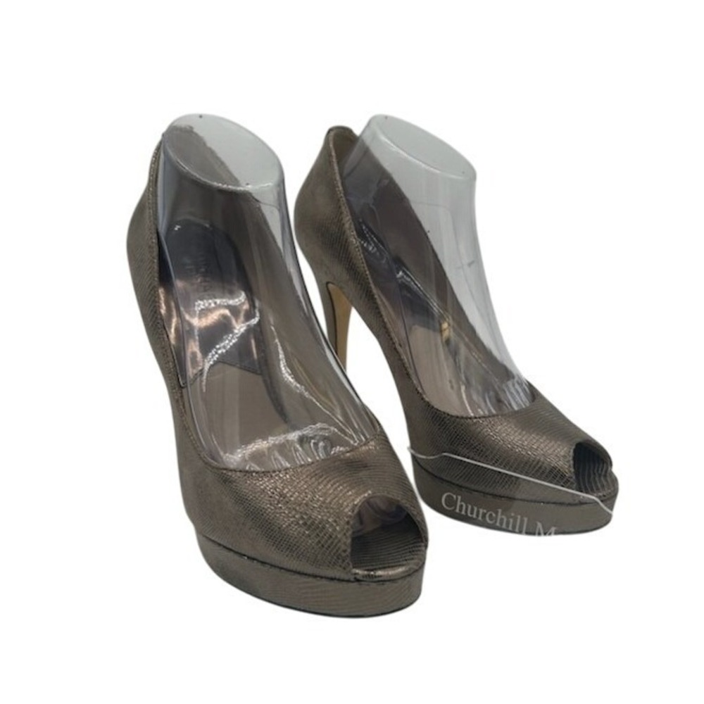 Michael Kors Bronze Pewter Metallic Reptile‎ Peep Toe Platform Heels Size 10M